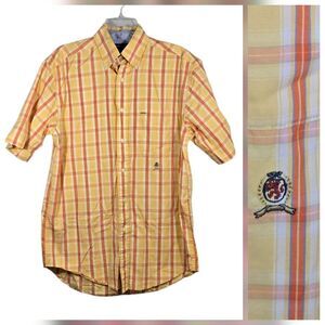 Tommy Hilfiger Short Sleeve Button Down Men's Orange Plaid Cotton Shirt Casual